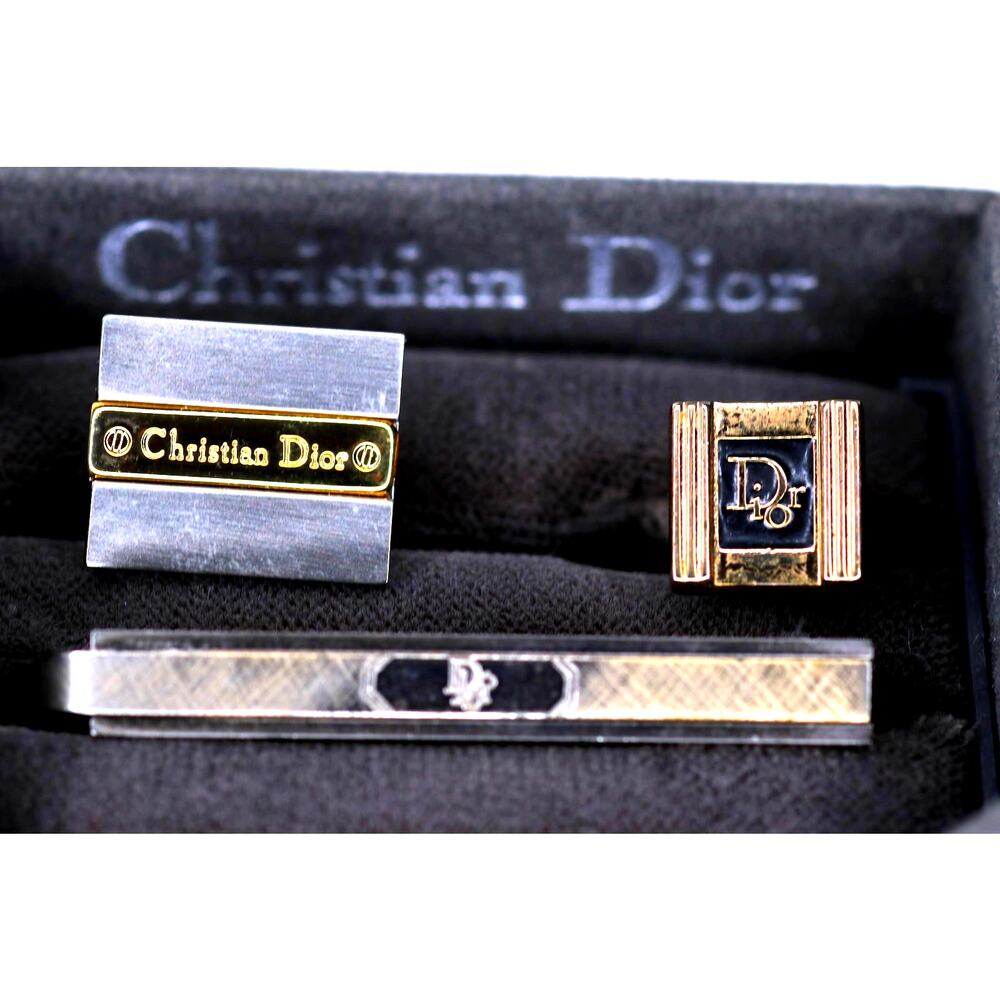 Vintage Christian Dior Tie Bar Tie Tack Single Cufflink Lot Gold Silver Tone Box